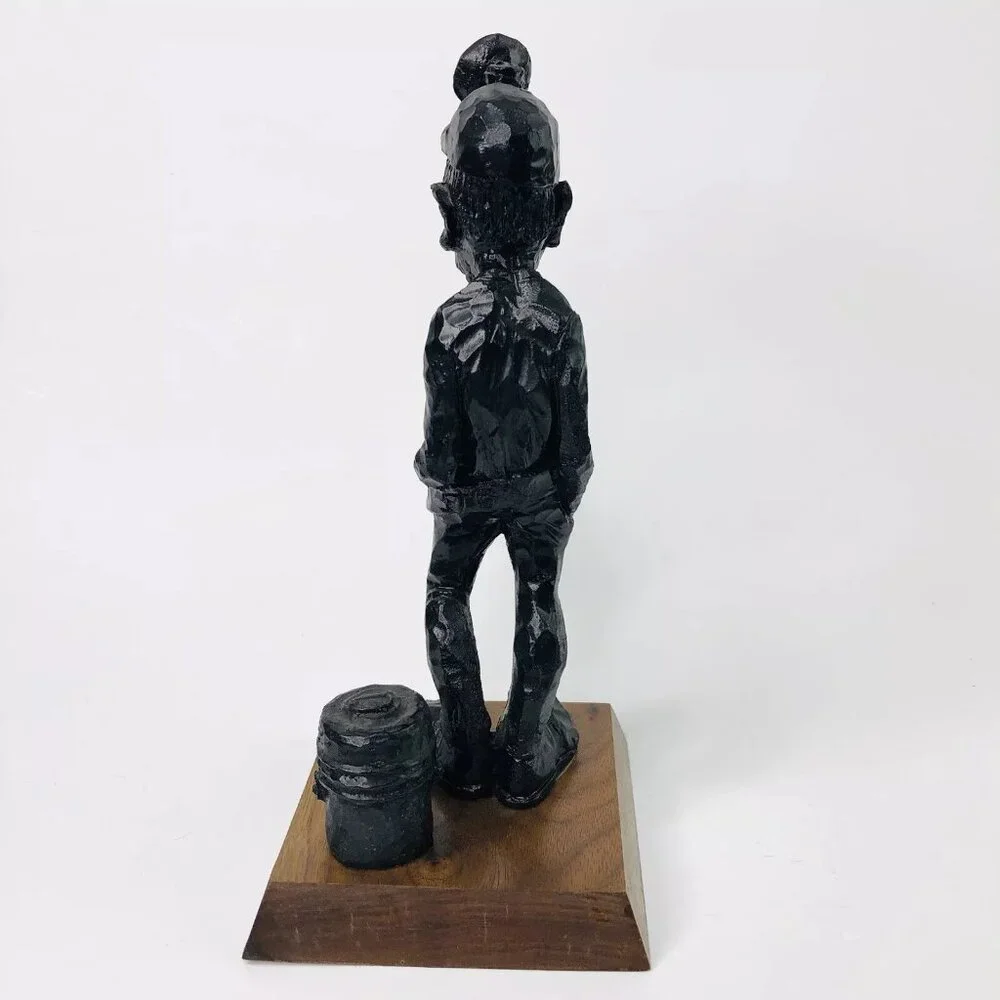 Vtg Carved Coal Underground Miner Black Diamonds 8.5" Man Statue Figurine Wood - Picture 5 of 8